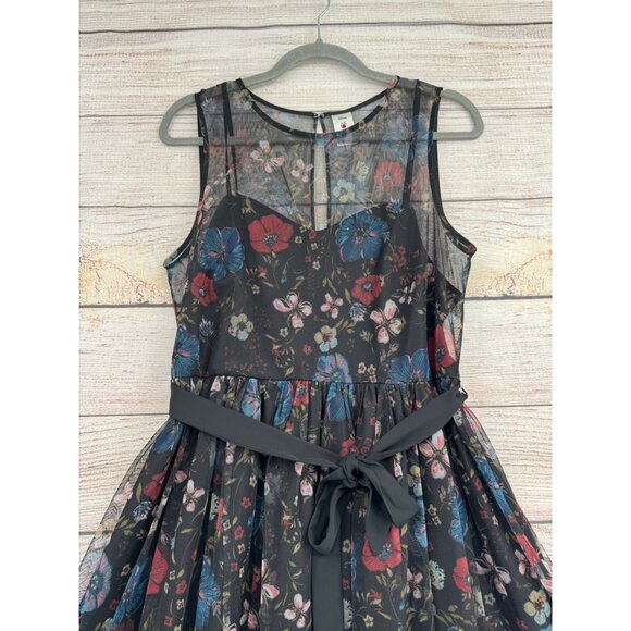 Disney Lauren Conrad Floral Semi Sheer Lined Dress Women's 10 Black/Blue/Red - Picture 3 of 13